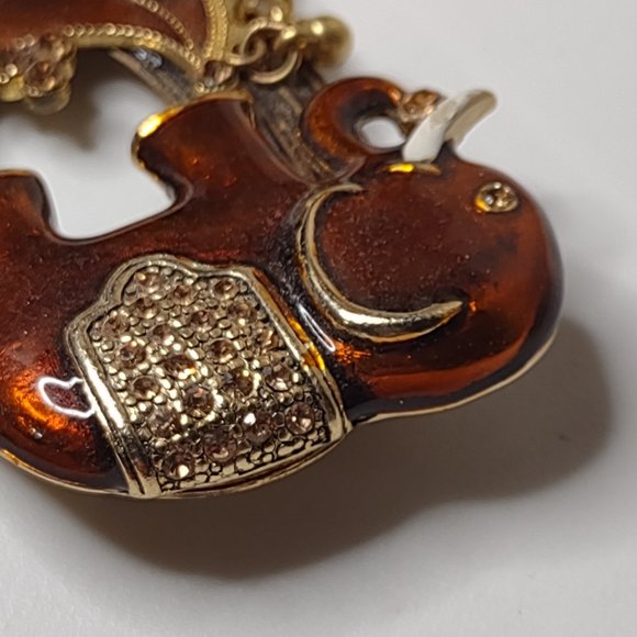 Gold Tone And Orange Dangling Bead Lucky Elephant Brooch - Picture 10 of 16